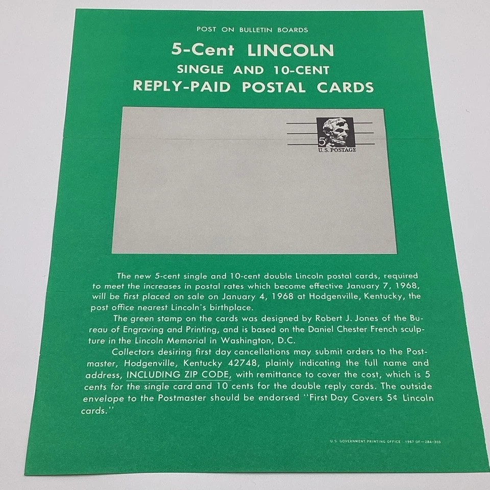 ‘67 5¢ Lincoln Single & 10¢ Reply-Paid Commemorative Postal Card FDC Bulletin Ad - Image 1 of 4