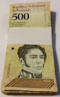 100 PCS of Venezuela 500 Bolivares 1 BUNDLE banknotes YELLOW 2018 CIRCULATED - Image 1 of 2