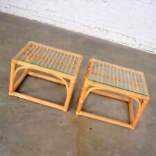 Vintage Modern Pair of Rattan Rectangular Side Tables or End Tables w/ Glass Top