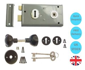 Grey Rim Sash Lock 140mm x 75mm with Handles Gate/Door Sashlock Black Knob Set