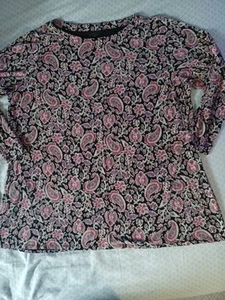 J Jill Wearever Womens 2X Top Shirt Blouse Tunic Pink Black Paisley Pullover - Picture 1 of 7