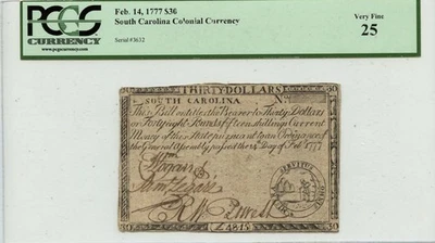 1777 February 14, $30 South Carolina Colonial Note FR#SC-144 PCGS VF35 - Image 1 of 2