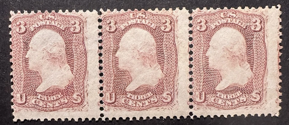 Strip of 3 #65 UNUSED W/ FULL GUM APS CERTIFIED 164 YEARS OLD! - Image 1 of 4