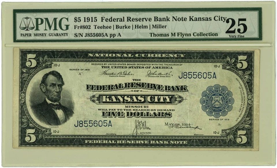 FR.802 $5 1915 Federal Reserve Bank Note Kansas City VF25 PMG 950750-47 - Image 1 of 3