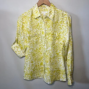Charter Club Blouse Linen Spring Chartreuse Green Floral Tabbed Sleeve Office 10 - Picture 1 of 5