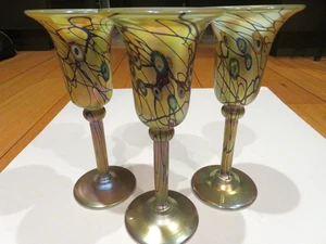 Carl Radke Phoenix Studio Art Glass Lot 3 Pulled Poppy Wine Goblets Pair Signed - Picture 1 of 24