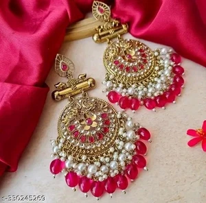 Red Pearl Gold Plated Temple Jhumka Kundan Heavy Earring Function Jewelry - Picture 1 of 2
