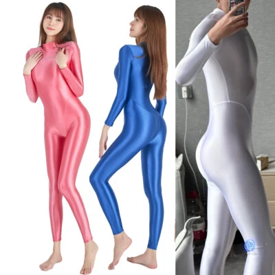 AMORESY Damen Glänzend Jumpsuit Satin Overalls Herren Zentai Langarm Activewear - Bild 1 von 4