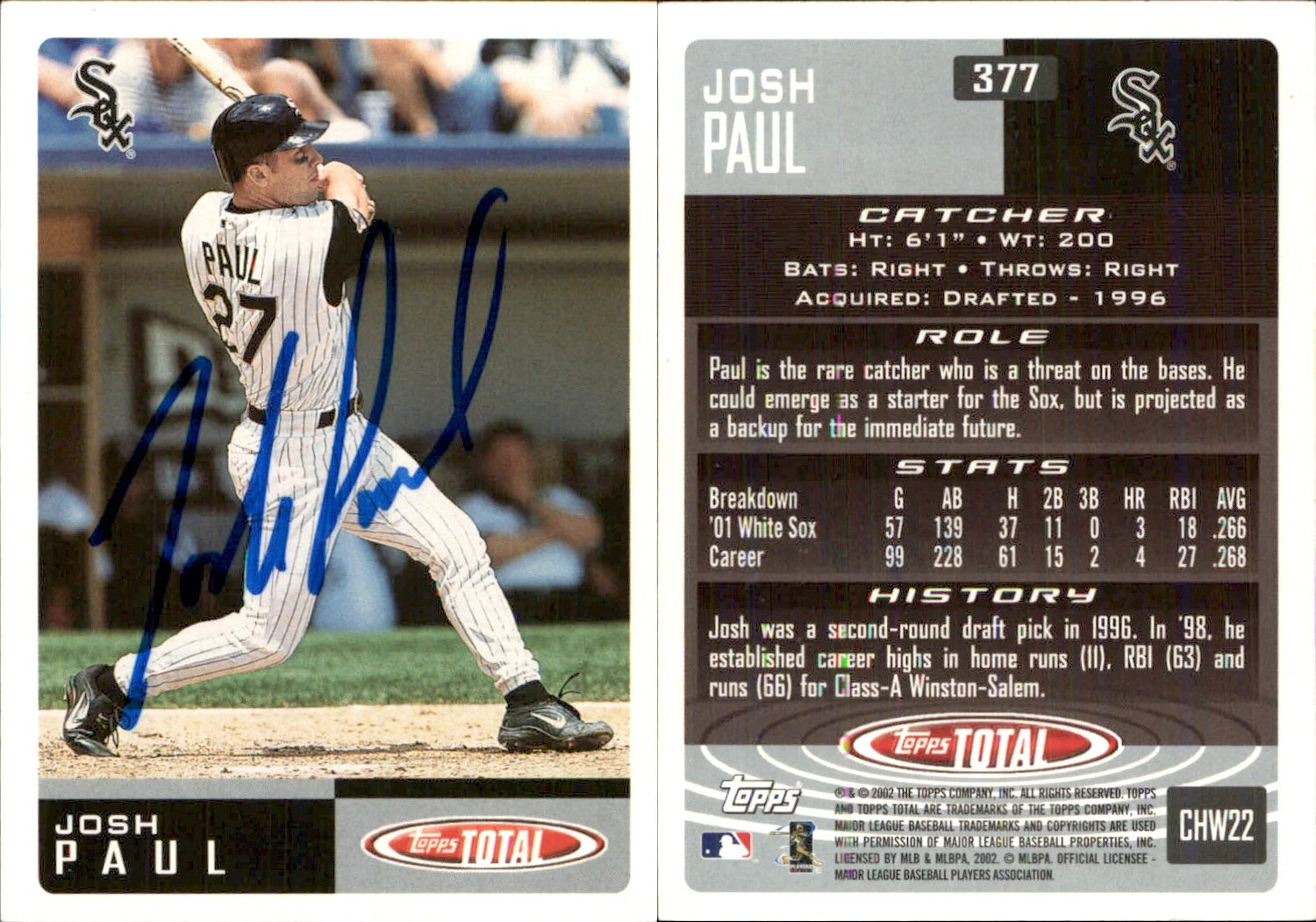 Josh Paul Signed 2002 Topps Total #377 Card Chicago White Sox Auto AU