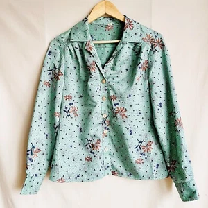 70er Vintage Hemd Bluse Gr. 8 Blumen offener Kragen Kimono Print selten Luxus - Bild 1 von 11