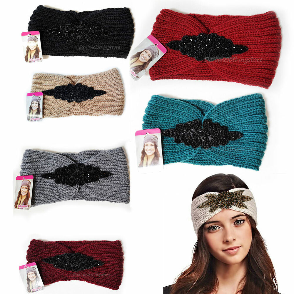 Women Headband Winter Ear Warm Crystal Beads Turban Headwarp Knit Wool Boho Hat 