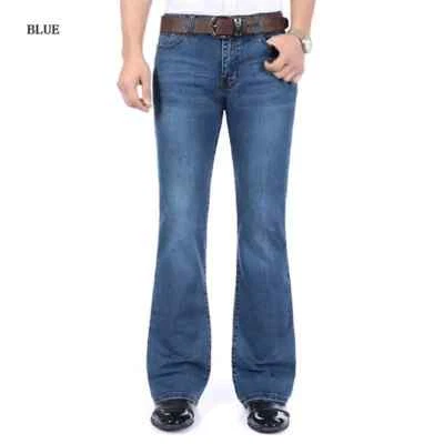 Men Denim Flare Bootcut Pants 70s Western Cowboy Bell Bottom Jeans Trousers Blue - Image 1 of 4