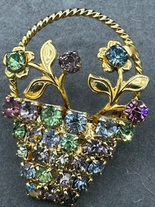 Vintage 1960's Rhinestone Flower Basket Prong Set Gold Tone Pink Purple Blue - Picture 1 of 4