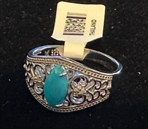 JTV Sleeping Beauty Turquoise Rhodium Over Sterling Silver Ring diamonds .03ctw