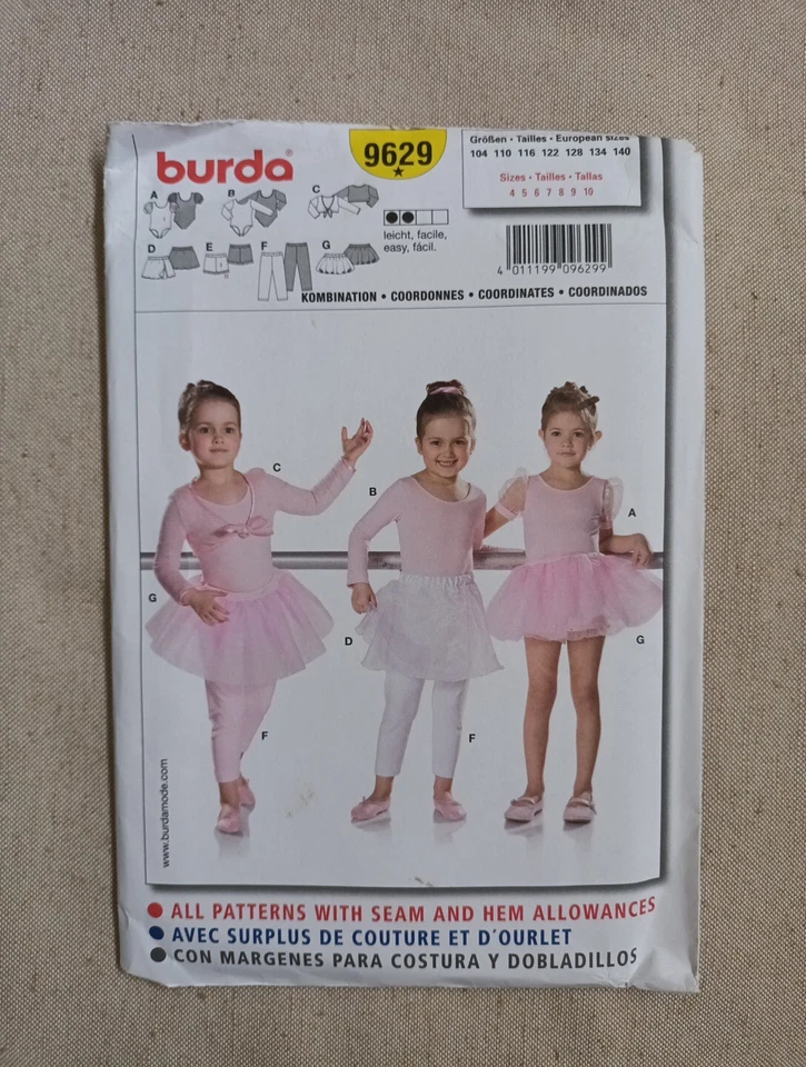 Sewing Pattern Burda 9629 Dancewear Leotard Tutu Bolero Shorts Tights Sz 4 - 10