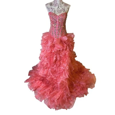 Dramático Vestido Completo de Organza con Volantes Rosa Coral Baile de graduación Talla 6 Baile de graduación GLINDA VESTIDO MECHADO Foto 1 de 4
