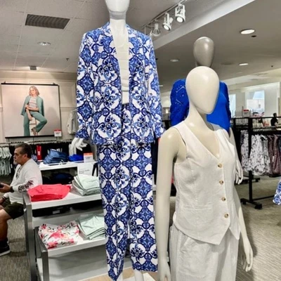 Liz Claiborne XXL 开衫 XL 裤子蓝色白色瓷砖印花套装套装 — 第 1/4 张图片