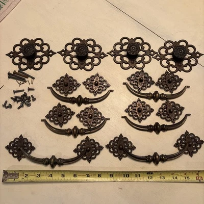 Vintage Brass Drawer Pulls Antique Patina, Ornate Cabinet Handles, Set of 6 + 4 - Image 1 of 4