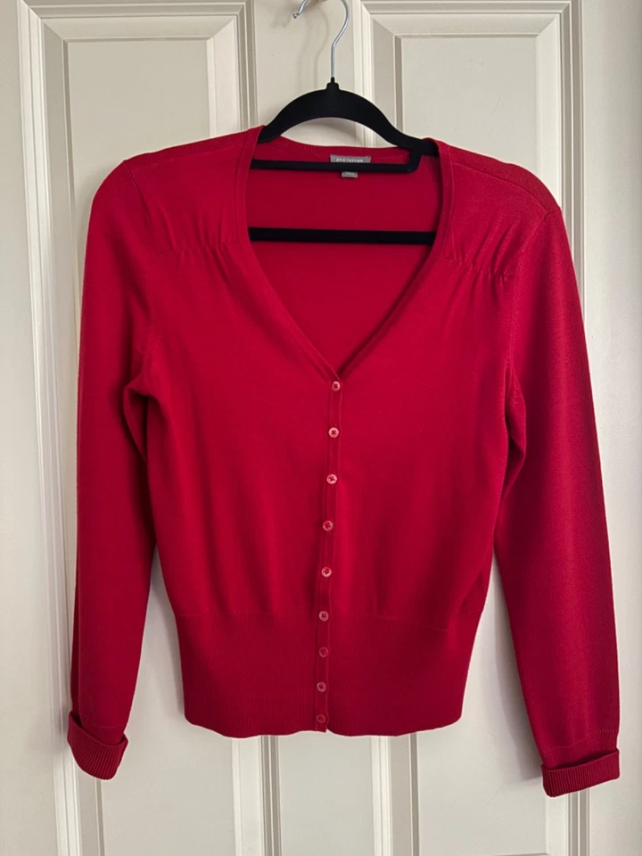 Cárdigan Ann Taylor rojo para mujer talla SP mezcla de seda botón delantero manga larga Foto 1 de 4