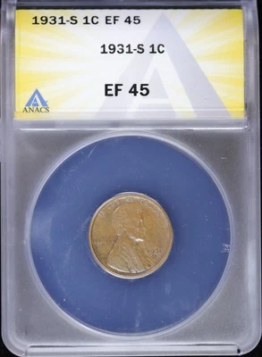 1931 S 1c Lincoln Wheat Cent ANACS EF 45 (XF, Extra Fine) San Francisco - Image 1 of 4