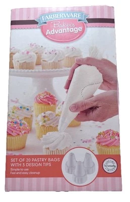 Juego de 20 bolsas de pastelería desechables “FARBERWARE” con 3 puntas de diseño - NUEVAS en CAJA  Foto 1 de 3