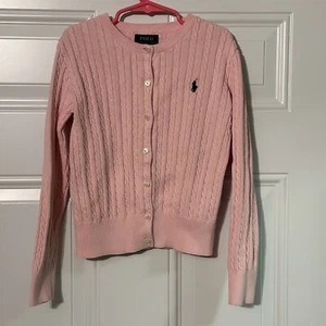 POLO RALPH LAUREN Girls Pink Cardigan Cable Knit Sweater Cotton Size M (8-10) - Picture 1 of 5