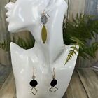 2 Pair Adorned Crown Artisan Assemblage Leather Black Gray Gold Charm Earrings