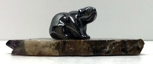 Carved Hematite Bear on Polychrome Jasper Slice Brings Peace Happiness Wellbeing - Picture 1 of 7