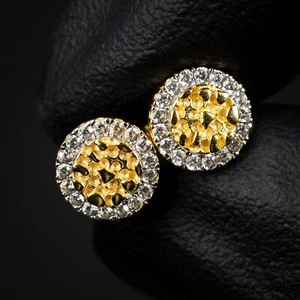 Round 14K Gold 925 Sterling Silver Iced Mens Circle Nugget Hip Hop Stud Earrings - Picture 1 of 5