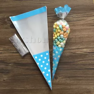 50Pcs Cello Cellophane Cone Sweet Candy Party Wedding Favuor Gift Bags Free Ties - Picture 1 of 35