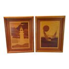Vintage Beautiful Wood Inlay Marquetry Of Lighthouse & Sailboats. Sea Scape Usa