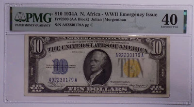 1934 A $10 North Africa Emergency Issue Silver Certificate PMG XF 40 - Image 1 of 2