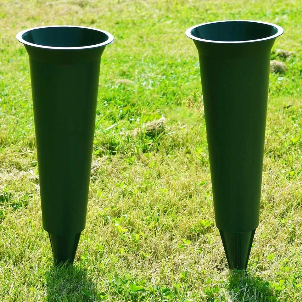 Set of 2 Green Plain Spiked Memorial Grave Flower Vases Holder