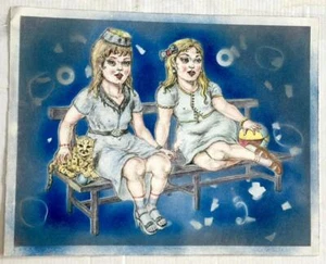 Vintage Peter Passuntino signierte Lithographie zwei Mädchen auf einer Bank Artist Proof - Bild 1 von 9