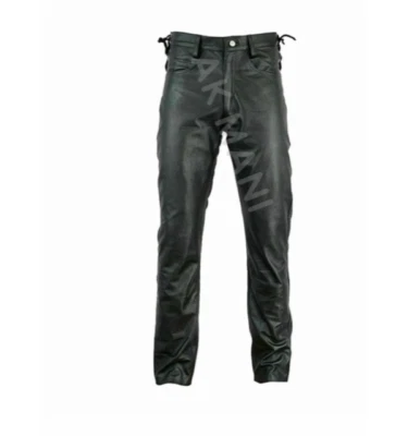 Pantalones de cuero para hombre cintura lateral cordones cortos cuero genuino negros pantalones de jean Foto 1 de 3