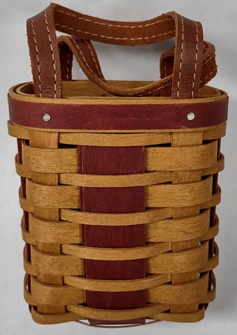 2008 Longaberger Miniature 4" Basket w/Burgundy Trim-Leather Handles-Protector Cover