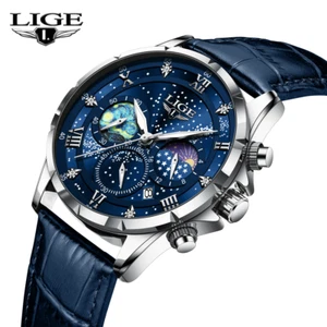 LIGE Men Watch Chronograph Sport Watches Date Display Male Leather Wristwatch - Picture 1 of 7
