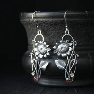 Silver Sunflower Drop Earrings Womens Earrings Dangle Renaissance Earrings Gift - Picture 1 of 6