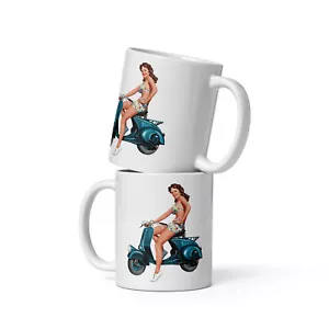 Coffee Mug Scooter Girl Pin Up Retro Classic Scootering Mods gift 1960s 1950s - Picture 1 of 4