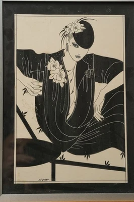 Art Deco Pen & Ink  Drawing Of A Woman Fashion Signed L. J. Green Vintage - Image 1 of 4