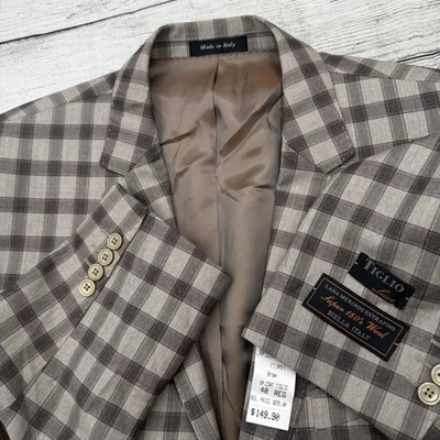 Tiglio Luxe Sport Coat Jacket Elbow Patch Brown Tan Gingham Blazer Super 150 48R - Image 1 of 4