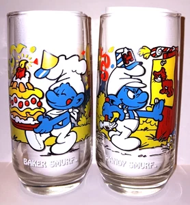 Vintage 1983 Smurf drinking Glasses Set Of 2 Baker and Handy MINT condition - Picture 1 of 2