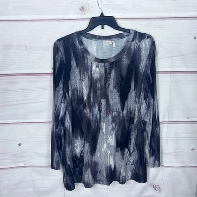 LOGO by Lori Goldstein Top Womens 1X Black Printed T-Shirt Long Sleeve Pockets - Image 1 of 4