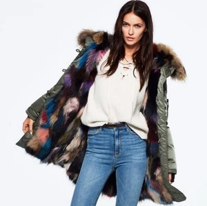 S13 New York Damen grüner Anorak Jacke bunt Kunstfell gefüttert Größe M - Bild 1 von 8