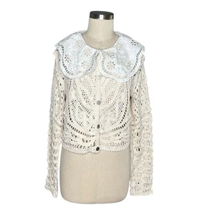 DOLAN ANTHROPOLOGIE Lace Collar Crochet Collared Cardigan Sweater Jacket Large - Picture 1 of 12
