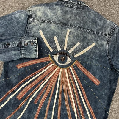 INC International Concepts Shirt Mens Medium Blue Denim Eye Sun Embroidered Y2K - Image 1 of 4