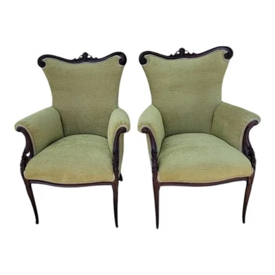 Pair 1940s Victorian Style Mahogany Fireside Chairs Refurbished New Upholstery - Image 1 of 4