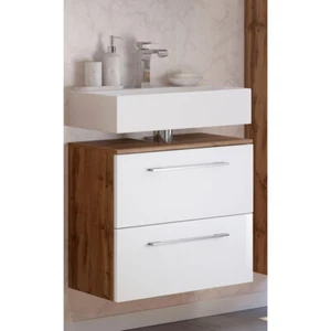 Badezimmer Bad Waschbeckenschrank Waschtisch-Unterschrank Wotaneiche matt weiß - Bild 1 von 7