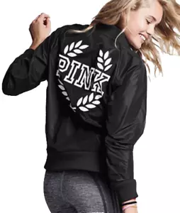 Victoria Secret PINK 2016 Bomber Black W/ White Print Jacket ~Size Large - Picture 1 of 3