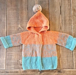 Girls Handmade Knitted Jacket Size 4-5 Orange Blue Hooded Toggle Button Cardigan - Picture 1 of 10
